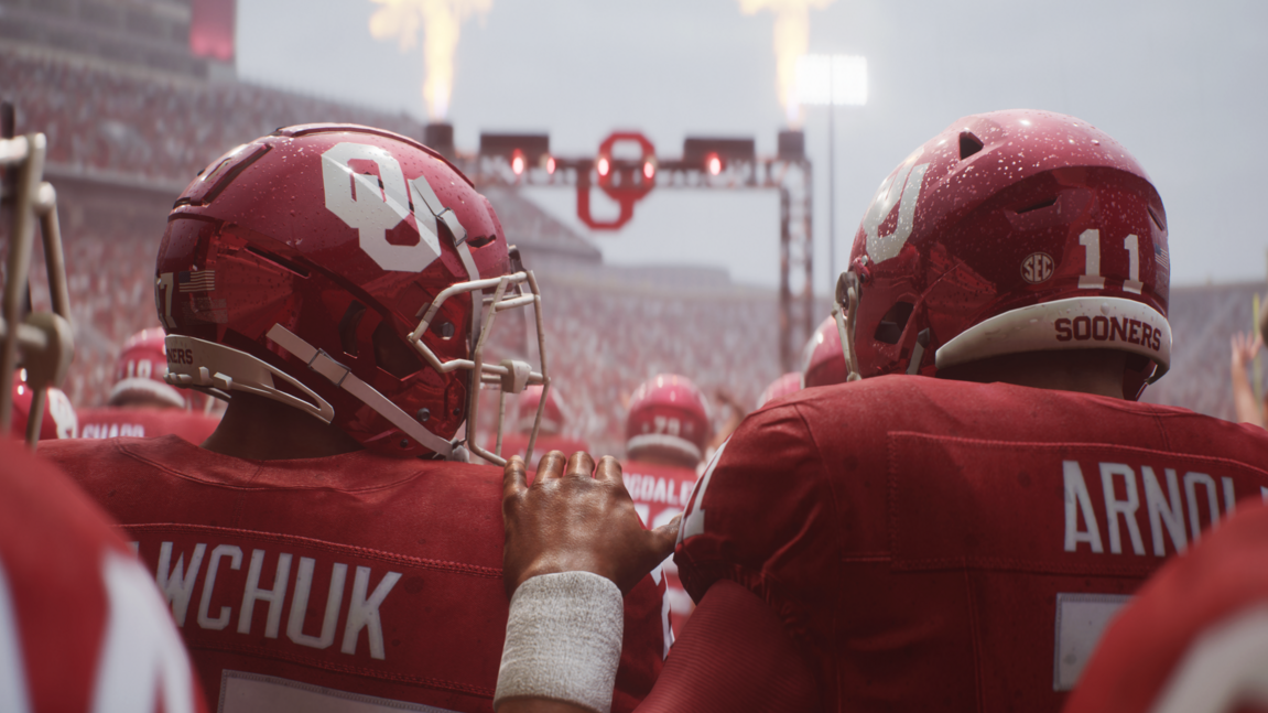 Screenshot of GameSpot's games review: GameSpot gave College Football 25 an 8 while waving at pay-to-win from a moving bus.
