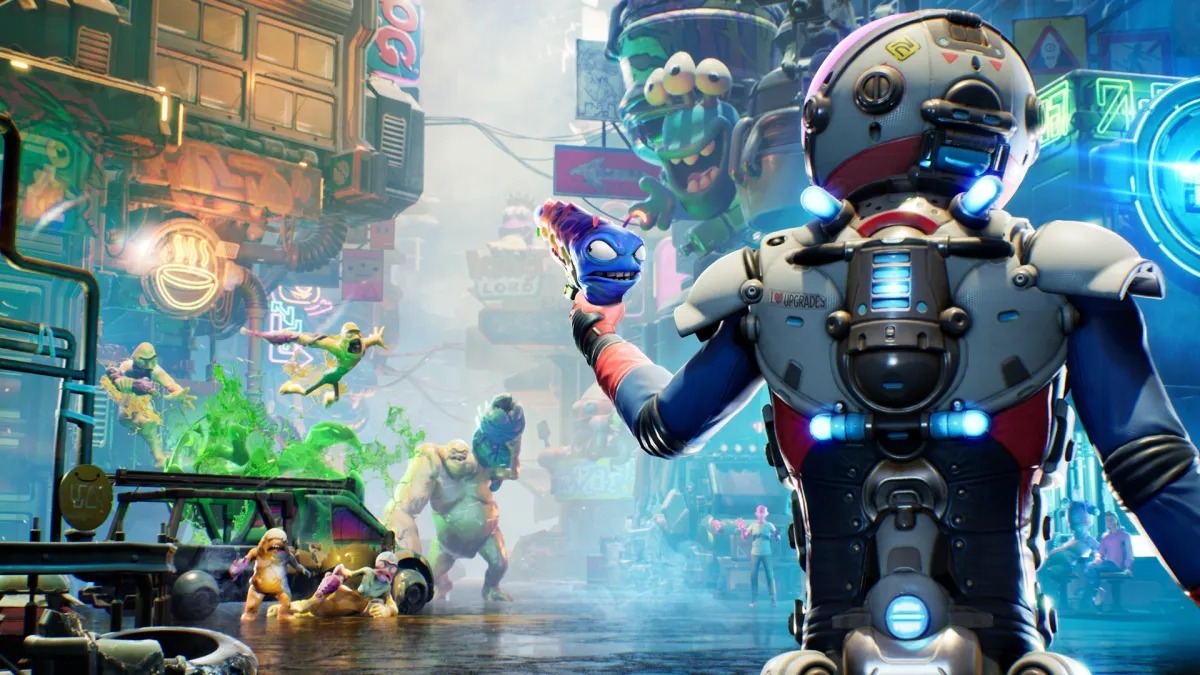 Screenshot of GameSpot's games review: GameSpot reviewed High On Life with three bylines and one shared brain cell holding the controller.